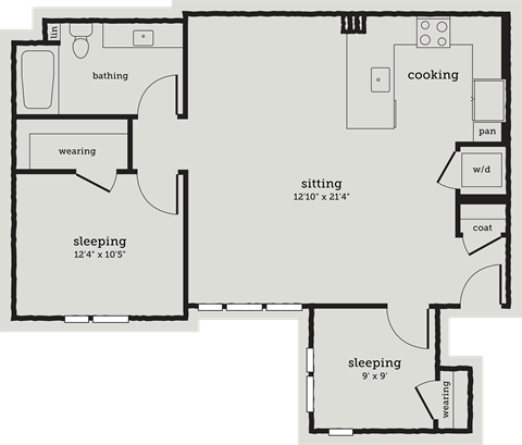Floor plan for 2 beds, 1 bath, 908 sqft